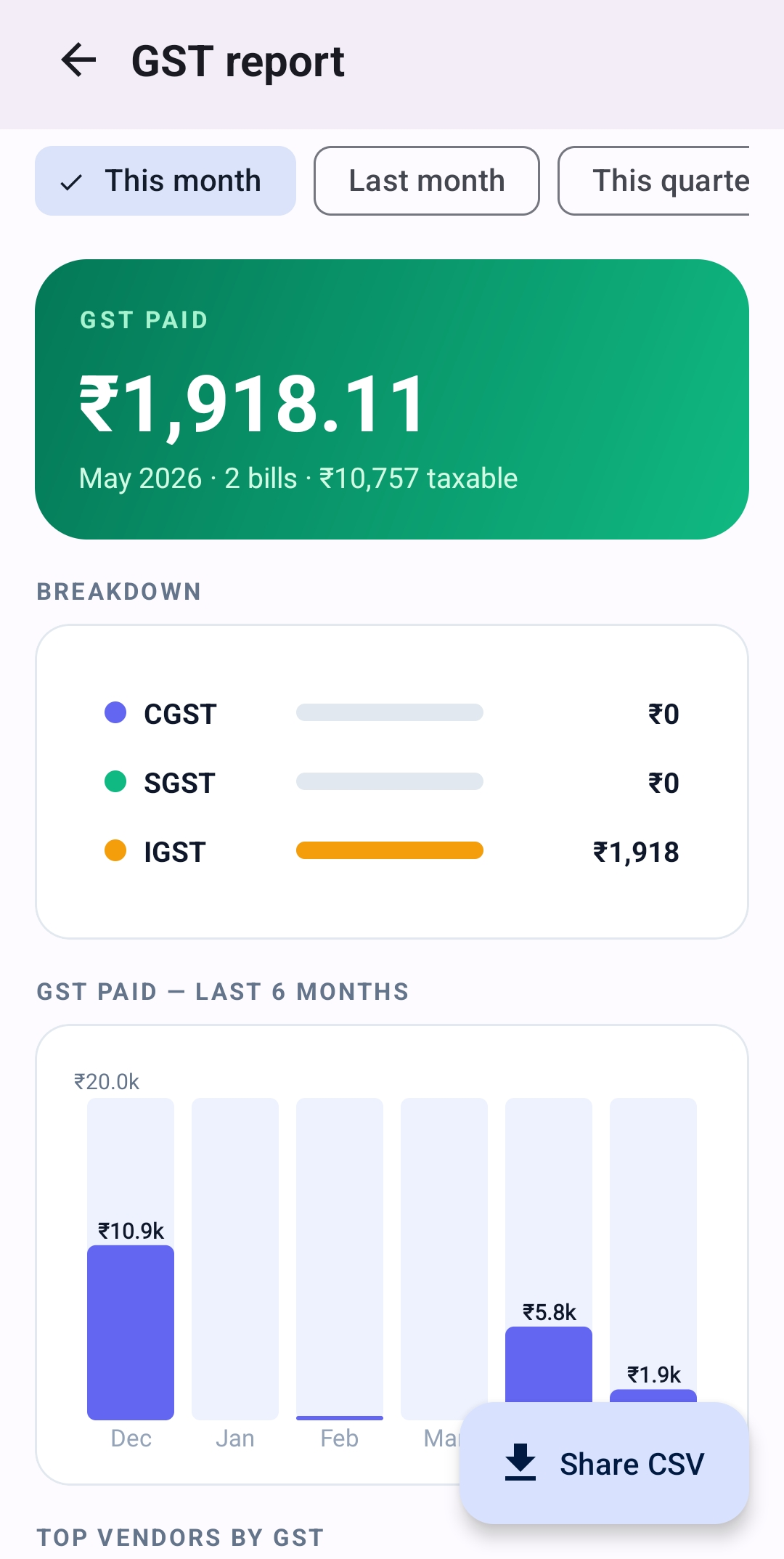 VexBill GST report screen
